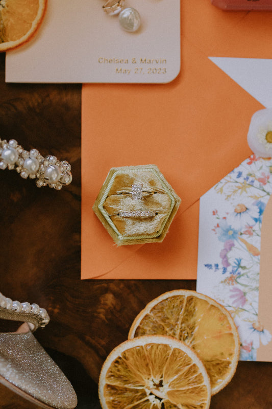 wedding invitation suite in orange with bridal ring and beaded headband