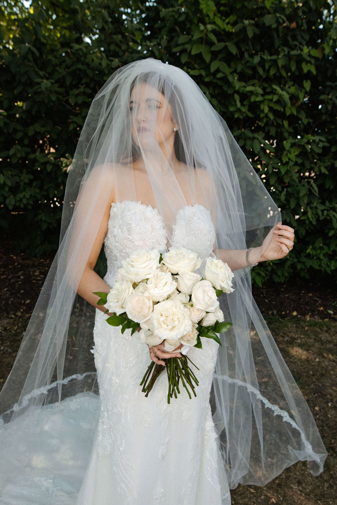 Cathedral Drop Veil with French Lace Trim and Blusher in White / Ivory ...