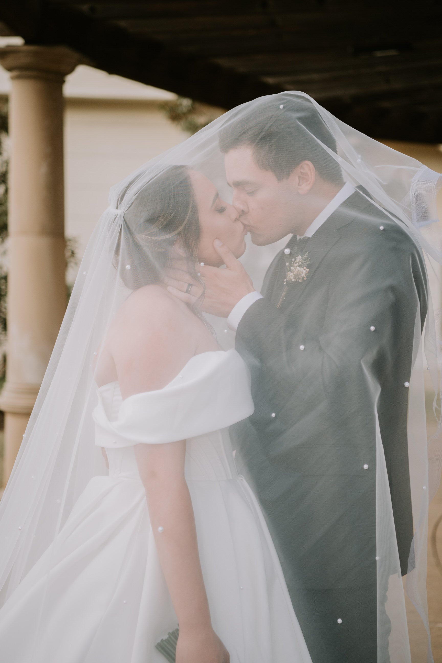 One Blushing Bride Pearl Cathedral Length Wedding Veil with Scattered Beading Off White/ Diamond / 2 Layer Veil