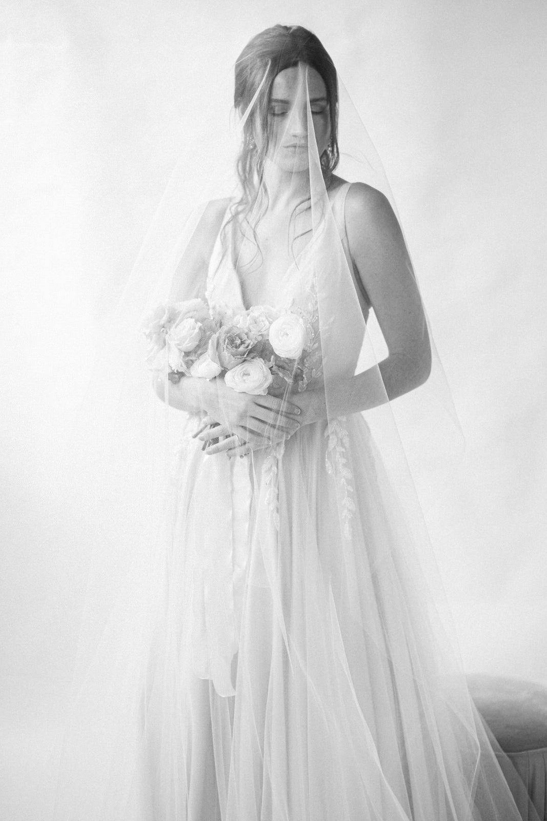 One Blushing Bride Two Tier Drop Wedding Veil, Long Veil with Blusher, Double Layer Nude / Fingertip 35-40 Inches