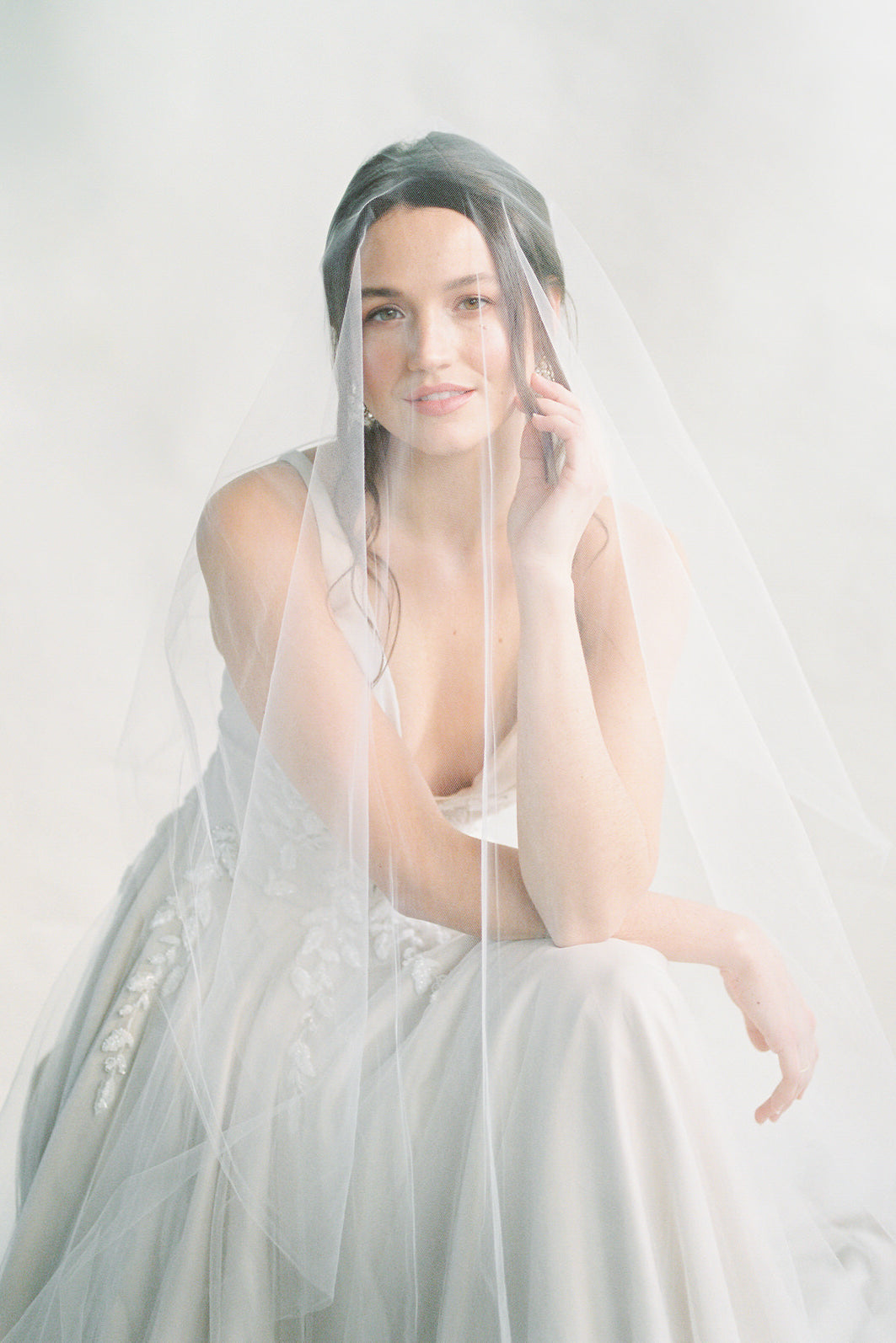 One Blushing Bride Two Tier Drop Wedding Veil, Long Veil with Blusher, Double Layer Blush / Fingertip 35-40 Inches