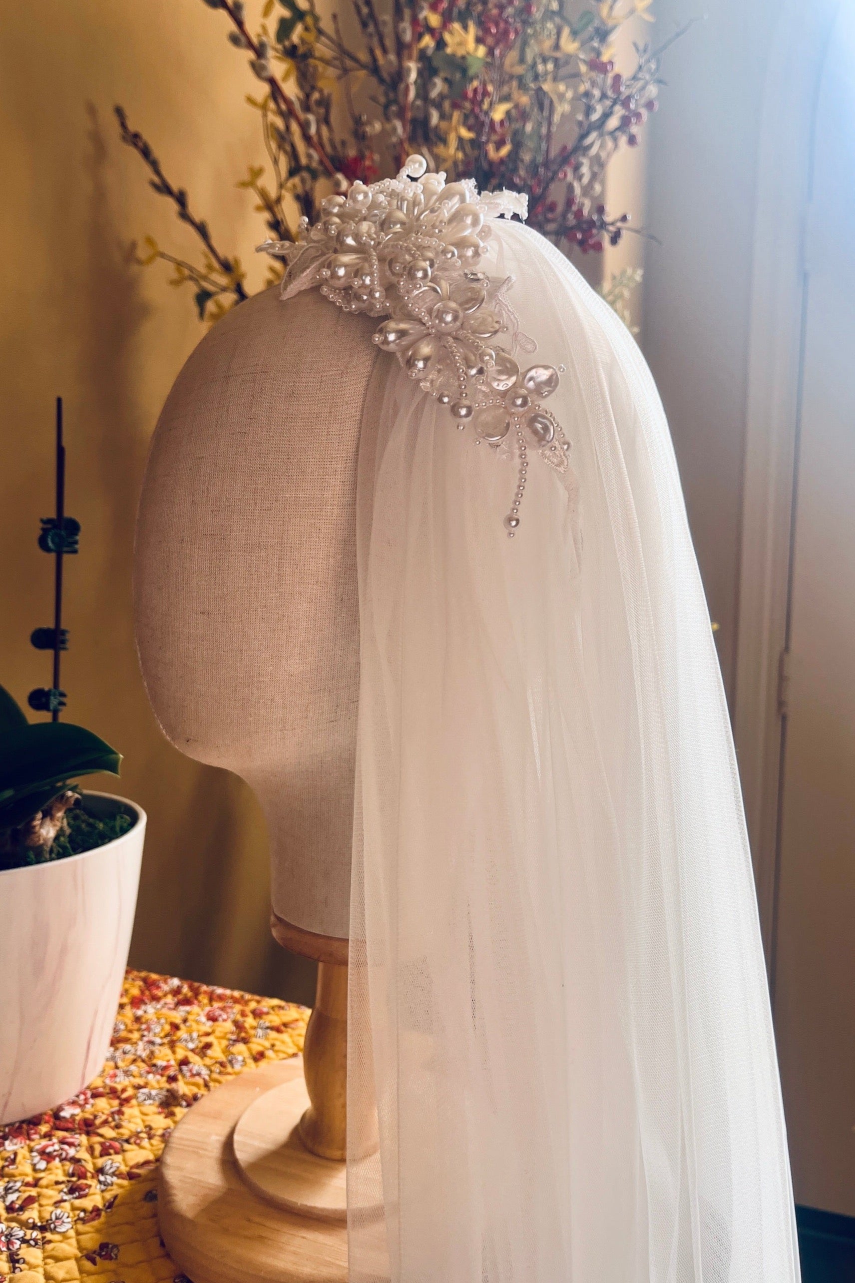Cathedral Wedding Veil With Matching Pearl Headband