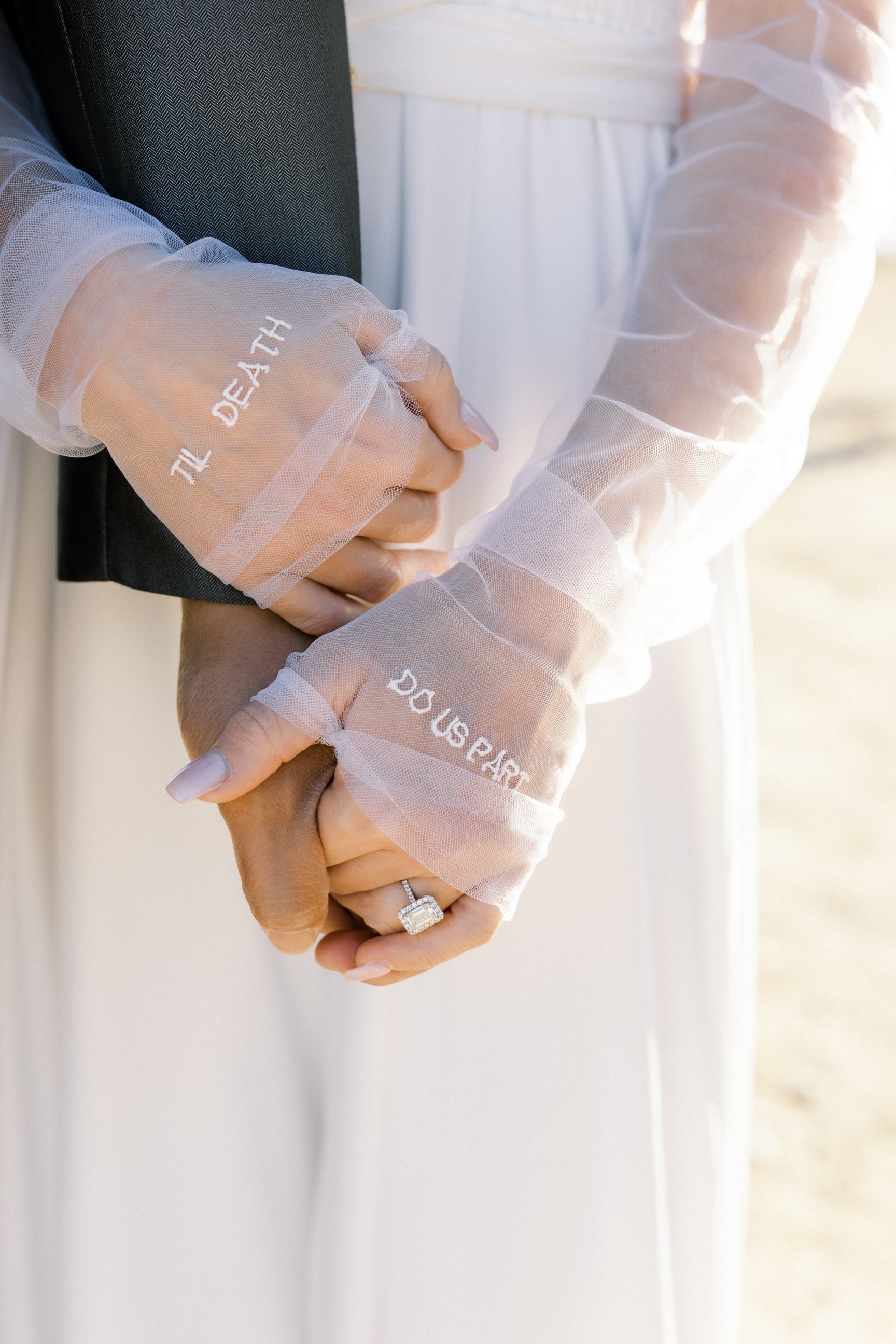 Tulle Fingerless Bridal Glove Set with Embroidered Last Name