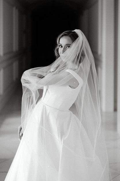 Cathedral Length, Extra Wide Scattered Pearl Veil on Soft Bridal Tulle 
