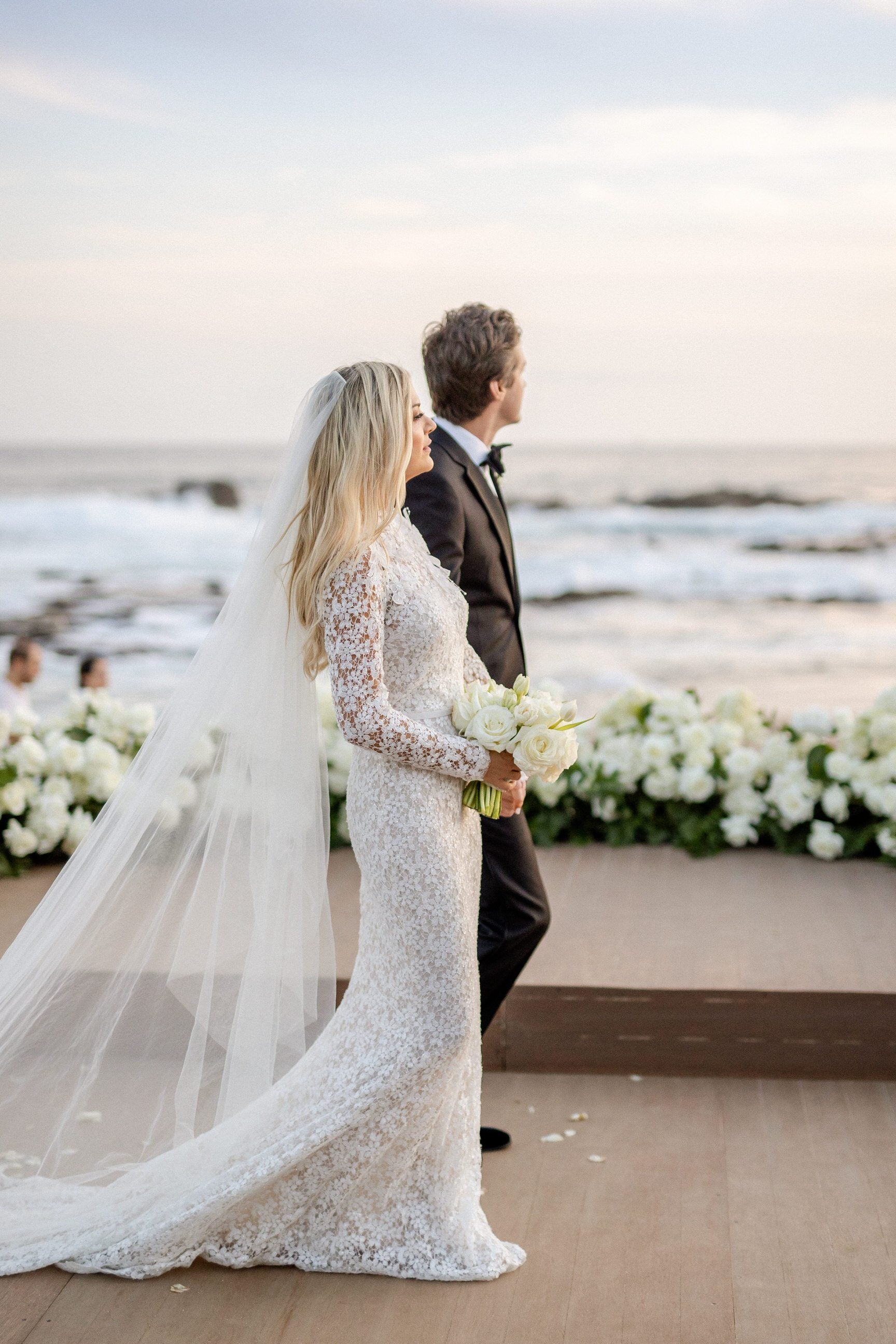 Wedding gown with long clearance veil